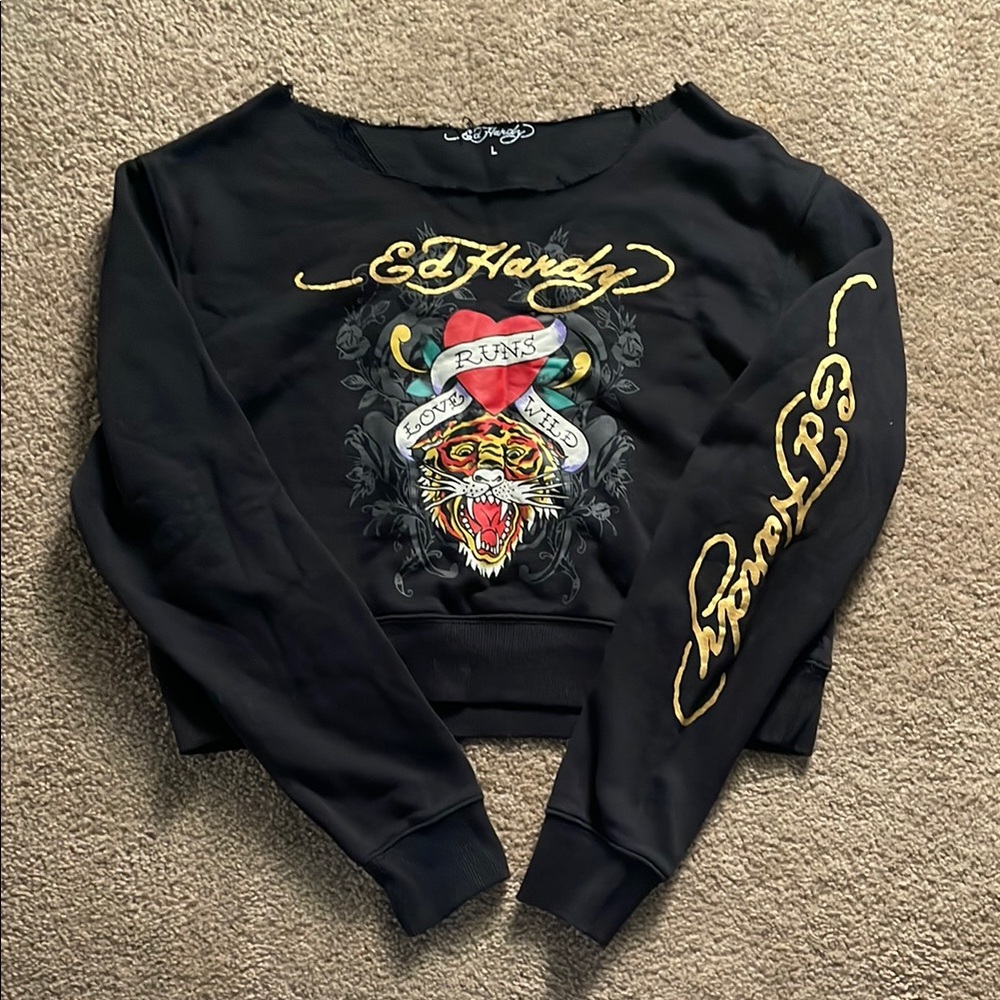 Ed Hardy Black Crew Neck Sweater with Graphic Design